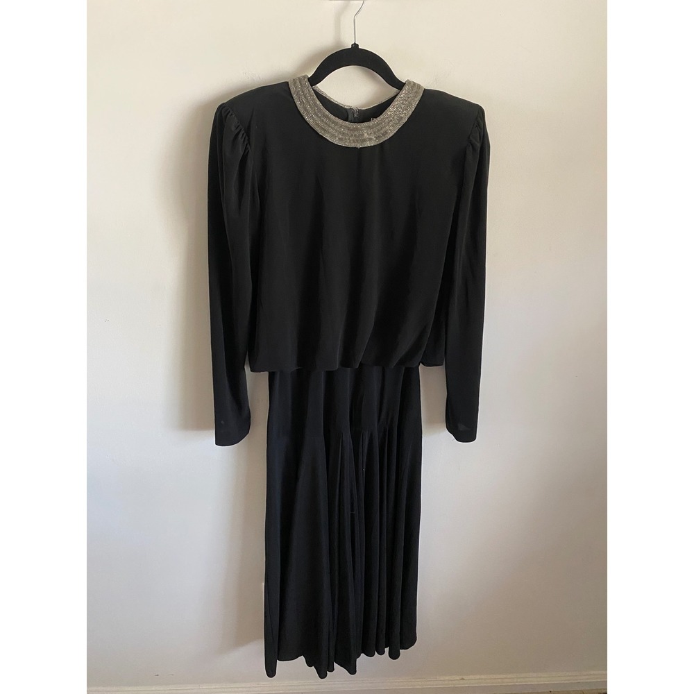 Vintage Nuit Black Beaded Collar Blouson Pleated Midi Dress 80s USA Made Womens